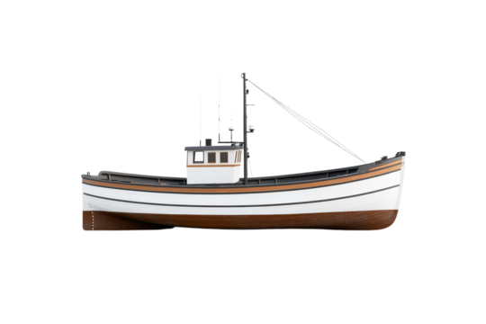 Large white boat with a brown stripe on the side, isolated