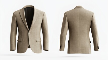 two different view (front and back) Beige, textured blazer, featuring a classic two-button closure