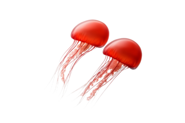 Two red jellyfish with long tentacles flying in the air, isolated