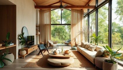 Modern Scandinavian Living Room with Natural Light and Greenery