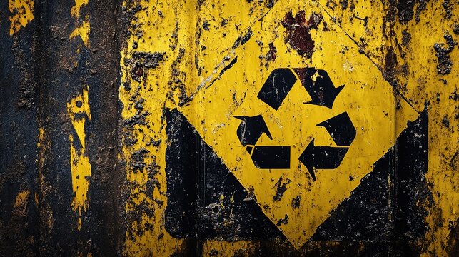 Grunge Hazard Sign with Yellow and Black Recycle Symbol on Surface