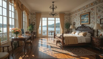 Fototapeta premium Elegant bedroom overlooking serene lake and scenic mountains