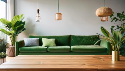 Warm Wooden Ambience Living Room Interior with Green Couch, Plants, and Lamps, Showcasing a Cozy Corner in a Spacious Environment, Exuding Tranquility and Elegance