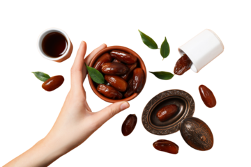 Dried dates in a bowl in hand, bronze authentic dishes and black tea in a glass, top view, isolated on white background, PNG