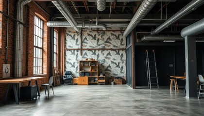 Modern Open Space with Industrial Design and Artistic Wallpaper