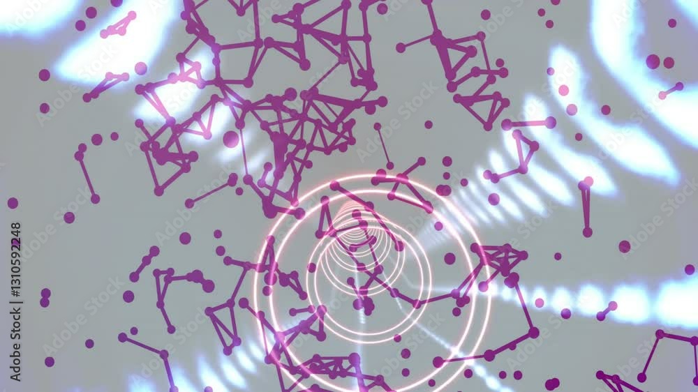 Poster animation of purple geometric patterns and circles creating abstract digital network