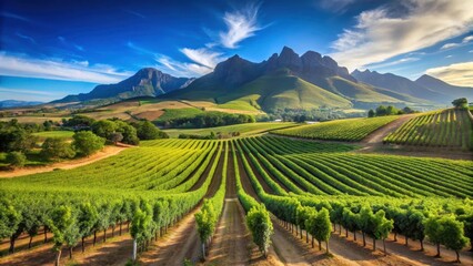 Fototapeta premium Rolling hills of vines stretching towards a bright blue sky on a sunny day in Stellenbosch's wine region, south africa, scenic view
