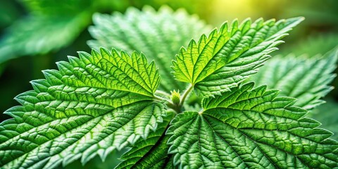 Close-up shot of fresh nettle leaves with delicate veins and intricate texture on a lush green leafy background