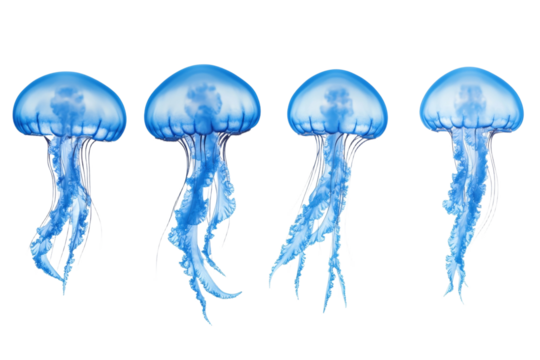 Four blue jellyfish with long tails are shown in a row, isolated