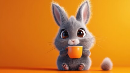 A cute bunny rabbit holds a small orange cup of something