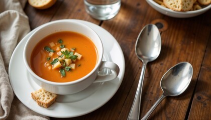 Bowl of tomato soup with croutons and cheese, served with soup spoons on a rustic wooden table