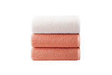 Three towels stacked on top of each other, one is pink, isolated