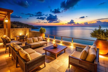Luxurious Crete Resort Terrace: Breathtaking Sea View at Night