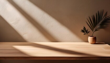Earthytoned Wooden Table Mockup Amidst a Rustic Stucco Setting, Casting a Warm Glow in the Presence of a Window Shadow and Ambient Light, Perfect for Digital Art, Home Decor, or Design