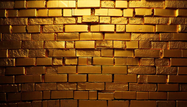 Stacked gold brick wall background. Gold nuggets. Treasure. Gold block background material.