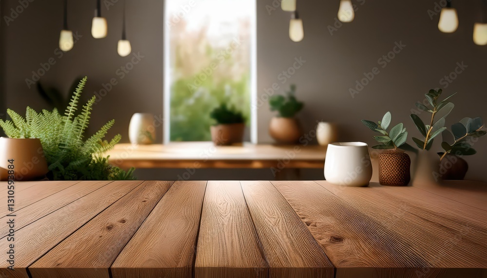 Poster wooden mockup table in a natural setting, showcasing rustic warmth and modern minimalism with a hint
