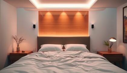 Cozy Modern Bedroom with Soft Lighting and Minimalist Decor