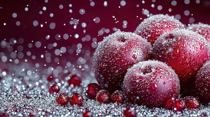 Plums in water droplets, maroon background