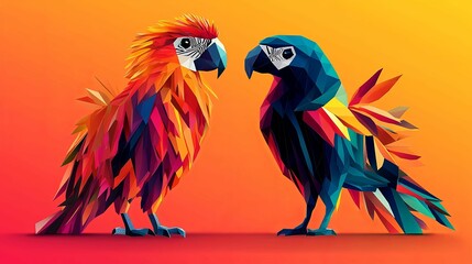 Obraz premium Two Colorful Macaws in Geometric Art Style