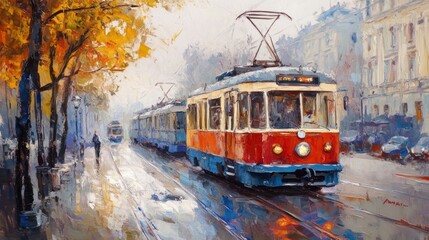 Painted street scene featuring public transit vehicles and autumn foliage