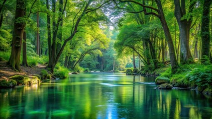 Fototapeta premium Serene water flows gently through a lush forest, surrounded by towering trees and vibrant greenery, creating a soothing atmosphere, natural scenery, vegetation