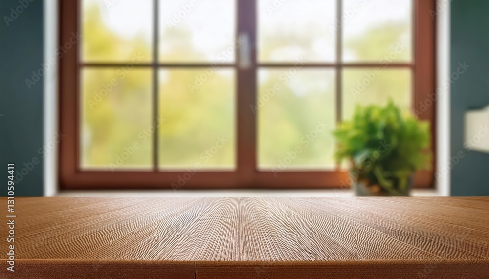 Poster elegant wooden table set against a mysterious blurred window backdrop, showcasing the perfect produc