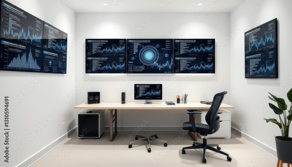 Poster modern office workspace with multiple monitors and clean design