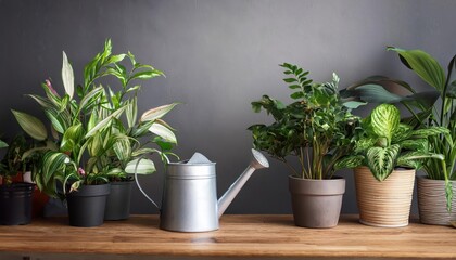 Vintage wooden table adorned with verdant plants and watering can amidst a lush, organic setting A harmonious blend of nature and rustic charm evoking tranquility and growth.