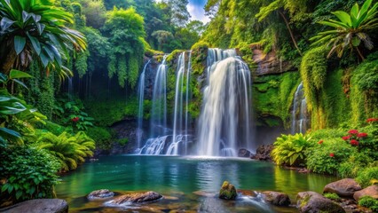 Fototapeta premium Majestic natural waterfall surrounded by lush greenery, plants, serene atmosphere, plants, serene atmosphere, landscape