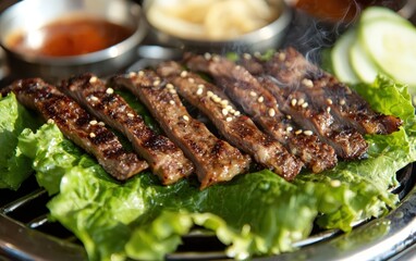 Grilled Beef Strips on Fresh Lettuce with Sides and Sauces