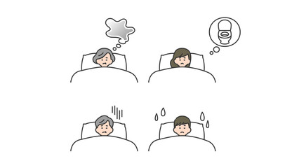 睡眠：ベッドで安眠できない老若男女　セット、バリエーション