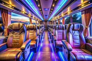 Luxurious Modern Coach Interior: Comfortable Leather Seats & Illuminated Floors - Stock Photo