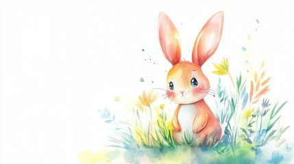 Obraz premium A watercolor painting depicts a cute bunny in tall grass