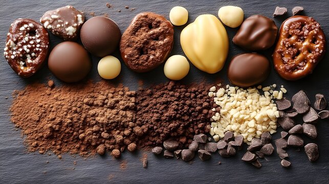 Assorted chocolates, pretzels, and ingredients on a slate board