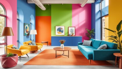 Colorful Modern Living Room with Bold Wall Designs and Furniture