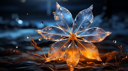 Ethereal glowing flower blossom captured in crystal with water droplets