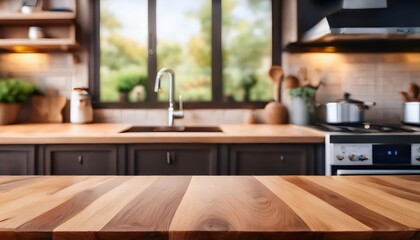 Wooden Table Top for Product Display Set Against a Blurred Kitchen Backdrop, Featuring Rich Wood Grain Texture and Soft Focus Countertops, Ideal for Digital Art, Home Decor, or Design