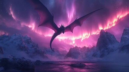 A dragon flying over a snowy mountain range with the aurora borealis overhead