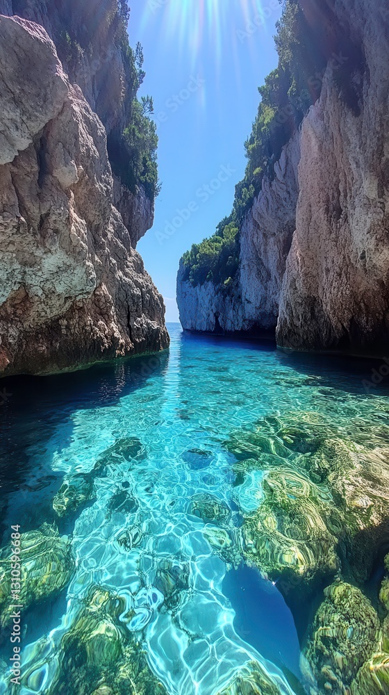 Poster explore the tranquility of a pristine turquoise lagoon between soaring white cliffs generative ai