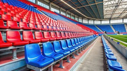 A long bench in a football stadium with red and blue seats