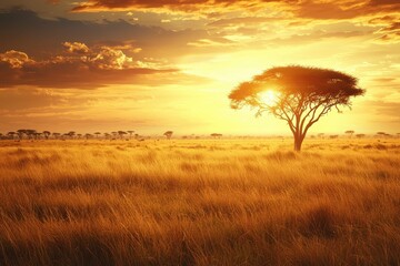 Fototapeta premium Majestic Sunset Over Golden Grassy Plain with Lone Tree Silhouette