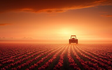 Fototapeta premium Tractor in Tulip Field Under Sunset Sky with Colorful Flowers