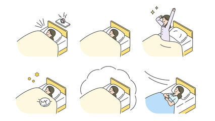 睡眠：ベッドで安眠する女性　セット、バリエーション
