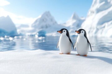 Fototapeta premium Two adorable penguins standing on a snowy landscape near icy mountains