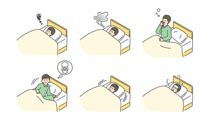 睡眠：ベッドで安眠できない男性　セット、バリエーション