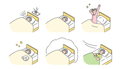 睡眠：ベッドで安眠するシニア女性　セット、バリエーション