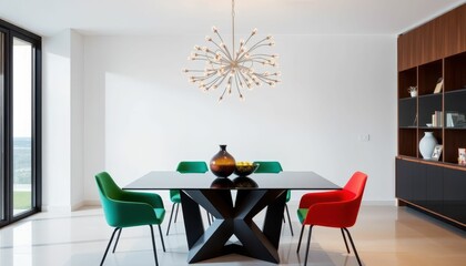 Modern Dining Room with Colorful Chairs and Unique Chandelier Design