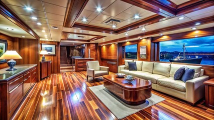 Fototapeta premium Luxurious Yacht Interior: Polished Teak Wood Walls & Floors - Sophisticated Seafaring Design