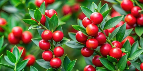 Fototapeta premium Close-up of Ruscus aculeatus sprouts with vibrant red berries, showcasing their unique texture and coloration amidst lush green foliage , rustic plants, wild plants