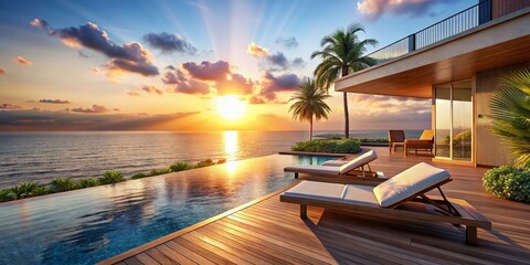 Fototapeta premium Luxury Villa Sunbathing Deck: Private Pool, Panoramic Ocean View & Beach Lounge